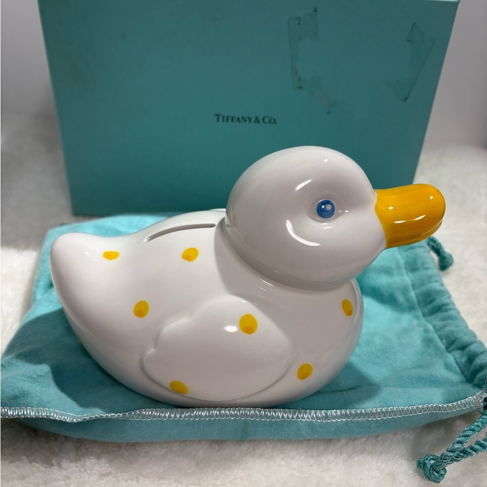 Authentic Tiffany & Co. Ceramic White Hand Painted Yellow Duck Bank Rare